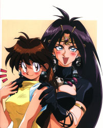 Rule 34 | 2girls, ahoge, black bra, black eyes, blue eyes, blush, bra, bracelet, breasts, brown hair, color halftone, covered erect nipples, earrings, frown, gloves, hand up, jewelry, large breasts, lina inverse, lingerie, long hair, looking at viewer, multiple girls, naga the serpent, necklace, open mouth, pantyhose, red eyes, shirt, simple background, skull, slayers, sleeveless, sleeveless shirt, smile, tiara, turtleneck, underwear, very long hair