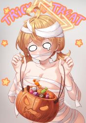 Rule 34 | 1girl, ahoge, blonde hair, blue archive, braid, breasts, cleavage, collarbone, elanphant, grey background, hair between eyes, halloween, halloween costume, halo, highres, kotori (blue archive), large breasts, long hair, mummy costume, o o, short twintails, solo, star (symbol), trick or treat, twintails, upper body, yellow halo