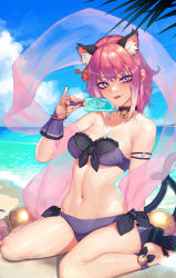 Rule 34 | 1girl, animal ear fluff, animal ears, animal print, ankle cuffs, anklet, arm behind back, arm support, bare shoulders, beach, bell, bikini, black bikini, black choker, black footwear, blue sky, blush, breasts, bridal gauntlets, cat ears, cat girl, cat tail, choker, cloud, collarbone, commentary request, day, earrings, extra ears, fang, fish print, flower, food, food on body, front-tie bikini top, front-tie top, gem, hair flower, hair ornament, hand up, highres, holding, horizon, ice cream, jewelry, jingle bell, looking at viewer, multiple tails, nail polish, navel, navel piercing, ocean, open mouth, outdoors, piercing, pink nails, popsicle, princess connect!, purple eyes, red flower, sandals, short hair, side-tie bikini bottom, sitting, sky, smile, solo, stomach, strapless, strapless bikini, swimsuit, tail, tamaki (princess connect!), tamaki (summer) (princess connect!), tongue, tongue out, tunamayo (dsasd751), wariza, water