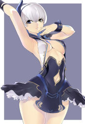 Rule 34 | 1girl, arm up, armpits, bare shoulders, blue background, blue dress, blue eyes, bracelet, breasts, center opening, chest jewel, clothing cutout, covered erect nipples, cowboy shot, deception (tecmo), dress, framed, frills, gem, hair between eyes, hairband, hakaba (dairiseki), heterochromia, highres, hip focus, horns, jewelry, kagero: darkside princess, kagero deception, kagerou: darkside princess, laegrinna, large breasts, looking at viewer, navel, navel cutout, no bra, outside border, parted lips, petticoat, short dress, short hair, simple background, single horn, sleeveless, sleeveless dress, smile, solo, standing, tattoo, tecmo, thighs, underboob, white hair, yellow eyes