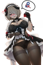 Rule 34 | 1girl, absurdres, bad id, bad pixiv id, black gloves, black pantyhose, blush, breasts, clothes lift, condom, cum, cum on body, cum on lower body, dress, dress lift, flower, frills, gloves, gluteal fold, grey hair, hair over one eye, half-closed eye, heart, highres, holding, holding condom, honkai (series), honkai impact 3rd, horns, large breasts, lifting own clothes, looking at viewer, maid, maid headdress, mars symbol, mingakk, mole, mole under eye, open mouth, panties, panties under pantyhose, pantyhose, partial bodysuit, puffy short sleeves, puffy sleeves, pussy juice, red eyes, red flower, red rose, rita rossweisse, rita rossweisse (umbral rose), rose, saliva, saliva trail, short hair, short sleeves, sidelocks, smile, solo, thighband pantyhose, underwear, venus symbol