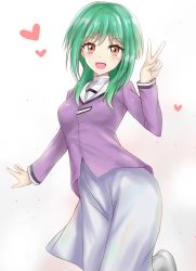 Rule 34 | 1girl, :d, anjou tokoha, blush, breasts, cardfight!! vanguard g, commentary request, cowboy shot, green hair, heart, highres, leg up, long hair, looking at viewer, medium breasts, open mouth, orange eyes, r-binon, simple background, smile, solo, standing, standing on one leg, v