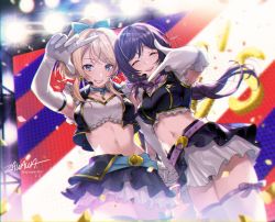 Rule 34 | 2girls, ayase eli, bad id, bad twitter id, blonde hair, blue bow, blue choker, blue eyes, bow, breasts, choker, closed eyes, crop top, gloves, green eyes, grin, highres, holding hands, idol, index finger raised, large breasts, long hair, looking at viewer, love live!, love live! school idol festival, love live! school idol project, low twintails, microphone, midriff, multiple girls, navel, ponytail, purple bow, purple hair, skirt, smile, stage, stage lights, thighhighs, thighs, tojo nozomi, twintails, white gloves, zawawa (satoukibi1108)