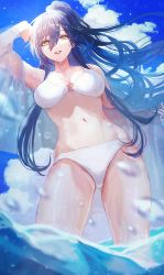 Rule 34 | 1girl, arm up, bare shoulders, bikini, black hair, blue sky, blurry, blurry foreground, breasts, cloud, collarbone, commentary request, feet out of frame, fingernails, floating hair, gluteal fold, hair between eyes, high ponytail, highres, idolmaster, idolmaster shiny colors, light particles, long hair, looking at viewer, medium breasts, navel, o-ring, o-ring bikini, o-ring top, ocean, off shoulder, outdoors, outstretched hand, paddy field, parted lips, partially underwater shot, ponytail, see-through, shirase sakuya, sky, smile, solo, sparkle, standing, stomach, swimsuit, swimsuit cover-up, very long hair, wading, water drop, wet, white bikini, yellow eyes