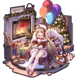 Rule 34 | 1girl, ark order, balloon, basket, blonde hair, book, brown footwear, cake, capelet, chimney, christmas, christmas ornaments, christmas stocking, christmas tree, crossed bandaids, dress, eating, food, fork, fruit, fur-trimmed capelet, fur-trimmed dress, fur-trimmed sleeves, fur trim, gift, gift bag, hat, holding, holding fork, holding plate, indoors, letter, little match girl (ark order), long hair, looking at viewer, loose thighhigh, official art, plate, pom pom (clothes), red capelet, red dress, slippers, unworn slippers, smile, snowflake print, snowman, solo, star (symbol), strawberry, stuffed animal, stuffed toy, tachi-e, teddy bear, thighhighs, transparent background, very long hair, white thighhighs, wood, wreath, wryyyyyyyyyyyyyyyyyyyy, yellow eyes, you ni ge shaobing
