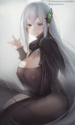 Rule 34 | 1girl, between legs, black capelet, black dress, blush, breasts, bug, butterfly, butterfly hair ornament, capelet, cleavage, colored eyelashes, commentary, covered erect nipples, dress, echidna (re:zero), english commentary, glowing butterfly, gray bear, grey eyes, hair ornament, hand between legs, highres, huge breasts, insect, long hair, looking at viewer, m/, no bra, re:zero kara hajimeru isekai seikatsu, see-through, silver hair, sitting, smile, solo, striped clothes, striped dress, thick thighs, thighs, vertical-striped clothes, vertical-striped dress