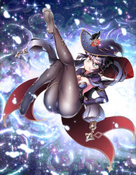 Rule 34 | 1girl, artist request, ass, black hair, breasts, cape, genshin impact, gloves, green eyes, hair ornament, hat, highres, legs, legs up, leotard, long hair, looking at viewer, mona (genshin impact), pantyhose, shiny clothes, solo, twintails, very long hair