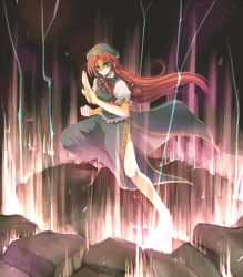 Rule 34 | 1girl, aura, bad anatomy, bad hands, bad perspective, braid, china dress, chinese clothes, dress, artistic error, ex-meiling, female focus, fighting stance, gradient background, ground shatter, hat, hong meiling, immaterial and missing power, long hair, neko beretta, poorly drawn, red hair, solo, touhou, twin braids, yellow eyes