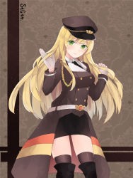 Rule 34 | 1girl, blonde hair, blush, boots, character name, commentary, commentary request, cowboy shot, epaulettes, german flag, girls&#039; frontline, gloves, green eyes, hat, highres, lishu jun, long hair, looking at viewer, military, military uniform, necktie, skirt, smile, stg44 (girls&#039; frontline), thighhighs, thighhighs under boots, uniform