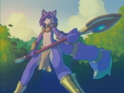 Rule 34 | 1girl, animal ears, animal nose, arm tattoo, armor, bandeau, blue eyes, blue fur, blue hair, blue sky, body fur, breasts, brown bandeau, claws, closed mouth, cloud, day, female focus, fighting stance, foreshortening, fox ears, fox girl, fox tail, furry, furry female, glairedaggers, gold, gold trim, highres, holding, holding polearm, holding spear, holding weapon, jewelry, krystal, leg tattoo, legs, legs apart, loincloth, looking afar, navel, neck ring, nintendo, outdoors, parted bangs, pelvic curtain, polearm, serious, shin guards, short hair, shoulder armor, sky, small breasts, solo, spear, standing, star fox, stomach, tail, tail ornament, tail ring, tattoo, thighs, tree, two-tone fur, v-shaped eyebrows, vambraces, weapon, white fur