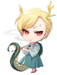Rule 34 | 1girl, aqua skirt, blonde hair, blue shirt, chibi, commentary request, dragon horns, dragon tail, full body, hajin, high heels, holding, holding smoking pipe, horns, kicchou yachie, kiseru, long sleeves, looking at viewer, smoking pipe, red eyes, red footwear, shirt, short hair, simple background, skirt, smoke, solo, standing, tail, touhou, white background, wide sleeves