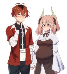 Rule 34 | 1boy, 1girl, bandaged arm, bandages, black pants, blush, bow, bowtie, brown bow, brown bowtie, cheek poking, coat, commentary, couple, demon girl, demon horns, english commentary, hair between eyes, hair bow, hair ribbon, highres, hinghoi, holding hands, horns, interlocked fingers, linie (sousou no frieren), long hair, long sleeves, open clothes, open coat, pants, pink hair, poking, pregnant, red coat, red eyes, red hair, ribbon, short hair, sidelocks, simple background, sousou no frieren, stark (sousou no frieren), twintails, white background