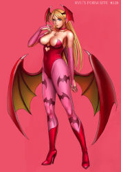 Rule 34 | 1girl, alternate color, animal print, bare shoulders, bat print, blonde hair, blue eyes, boots, breasts, capcom, choker, cleavage, collar, demon girl, elbow gloves, full body, gloves, head wings, high heels, highleg, highleg leotard, large breasts, leotard, lipstick, long hair, makeup, morrigan aensland, pantyhose, pink pantyhose, print pantyhose, red leotard, ryu (ryu&#039;s form site), shoes, simple background, solo, standing, tattoo, vampire (game), wings