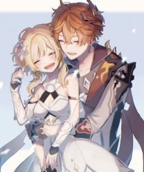 Rule 34 | 1boy, 1girl, bad id, bad pixiv id, bare shoulders, blonde hair, blush, breasts, cleavage, closed eyes, coat, collarbone, dress, earrings, flower, gauntlets, genshin impact, hair between eyes, hair flower, hair ornament, hug, hug from behind, jewelry, kino (m6t2a), lumine (genshin impact), mask, mask on head, open mouth, orange hair, short hair, simple background, single earring, smile, tartaglia (genshin impact), white background, white coat, white dress