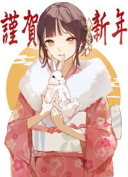 Rule 34 | 1girl, 2023, absurdres, animal, blush, brown eyes, brown hair, chinese zodiac, commentary, egasumi, floral print, fur scarf, highres, holding, holding animal, holding rabbit, japanese clothes, kimono, long sleeves, looking at viewer, matsunaga777, obi, original, parted lips, pink kimono, print kimono, rabbit, sash, scarf, sidelocks, sketch, smile, solo, translation request, upper body, white background, white rabbit (animal), white scarf, wide sleeves, year of the rabbit