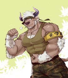 Rule 34 | 1boy, animal ears, bara, chest hair, cow boy, cow ears, cow horns, cowboy shot, facial hair, flexing, furry, furry male, horns, large pectorals, luwei, male focus, manly, muscular, pectorals, purple eyes, purple horns, shennong (housamo), simple background, solo, tokyo houkago summoners, upper body, white hair