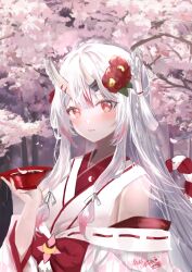 Rule 34 | 1girl, bare shoulders, closed mouth, commentary request, fang, fang out, flower, hair between eyes, hair flower, hair ornament, hand up, holding, hololive, horns, japanese clothes, kimono, long hair, long sleeves, looking at viewer, lunacats, multicolored hair, nakiri ayame, nakiri ayame (shrine maiden), off shoulder, oni, petals, red eyes, red flower, red hair, signature, skin-covered horns, solo, streaked hair, tree, upper body, very long hair, virtual youtuber, white hair, white kimono, wide sleeves