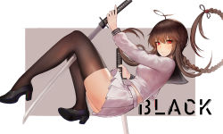 Rule 34 | 1girl, ahoge, arm up, ass, bad id, bad pixiv id, between legs, black footwear, black sailor collar, black thighhighs, blush, braid, breasts, closed mouth, copyright request, dual wielding, from side, full body, hair ribbon, highres, holding, holding sword, holding weapon, katana, long hair, long sleeves, looking at viewer, looking to the side, medium breasts, miniskirt, pleated skirt, pre (preecho), red ribbon, ribbon, sailor collar, school uniform, serafuku, shirt, shoes, single braid, skirt, solo, sword, thighhighs, two-tone background, very long hair, weapon, white shirt, white skirt