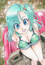 Rule 34 | 1girl, aqua hair, artist request, bare legs, bare shoulders, bikini, bikini top only, blue eyes, breasts, bulma, cleavage, dragon ball, dragon ball (classic), hair ornament, long hair, looking at viewer, looking up, shiny skin, shorts, side ponytail, sitting, solo, traditional media, vehicle