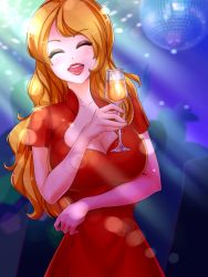 Rule 34 | 6+others, alcohol, artist request, blonde hair, blue eyes, breasts, cleavage, collarbone, cup, dancing, date crush stories, disco, disco ball, dress, drinking glass, eyebrows, closed eyes, eyeshadow, game cg, glass, highres, holding, indoors, light rays, lipstick, long hair, makeup, multiple boys, multiple girls, multiple others, open mouth, party, red dress, rose (date crush stories), smile, solo focus, teeth, upper teeth only, wine glass