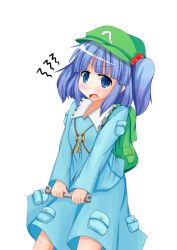 Rule 34 | 1girl, backpack, bag, blue eyes, blue hair, d:, d:&lt;, hat, jewelry, kawashiro nitori, key, key necklace, maguro-dama, necklace, open mouth, shirt, short hair, skirt, touhou, v-shaped eyebrows, wrench