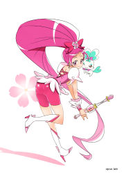 Rule 34 | 10s, 1girl, ;3, \m/, ass, back, bent over, bike shorts, blush, boots, bow, chypre (heartcatch precure!), coffret (heartcatch precure!), cure blossom, earrings, eyelashes, flat chest, flower, flying, hair bow, hair ornament, hanasaki tsubomi, heartcatch precure!, high heels, jewelry, kikuchi, kikuchi (xpoz), knee boots, leg lift, long hair, looking at viewer, looking back, magical girl, one eye closed, pantylines, pink bow, pink eyes, pink hair, ponytail, precure, profile, scepter, shadow, shoes, shorts, shorts under skirt, simple background, smile, very long hair, white background, wink