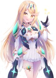 Rule 34 | absurdres, amanoru mozuku, bare legs, bare shoulders, blonde hair, breasts, chest jewel, cleavage, cleavage cutout, clothing cutout, dress, earrings, elbow gloves, gem, gloves, headpiece, highres, jewelry, large breasts, long hair, mythra (xenoblade), short dress, solo, swept bangs, thigh strap, tiara, very long hair, white dress, white gloves, xenoblade chronicles (series), xenoblade chronicles 2, yellow eyes