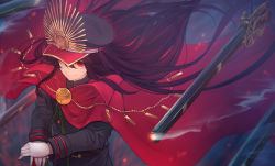 Rule 34 | 1girl, belt, black hair, cape, closed mouth, commentary request, fate (series), floating, floating hair, floating object, gloves, gun, hair between eyes, hands on hilt, hat, japanese clothes, koha-ace, long hair, looking at viewer, looking up, military hat, oda nobunaga (fate), oda nobunaga (koha-ace), oda uri, peaked cap, red cape, red eyes, smile, smoke, solo, teko, uniform, weapon, white gloves