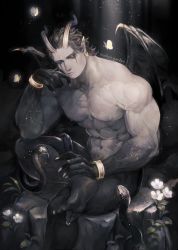 Rule 34 | 1boy, animal, artist name, bara, barefoot, black background, black hair, black sclera, black skin, black snake, black wings, bracelet, closed mouth, colored sclera, colored skin, demon boy, demon horns, demon wings, earrings, fingernails, flower, foot out of frame, grey skin, hand on own chin, hand up, head rest, henkyo garden, horns, jewelry, large pectorals, looking at animal, male focus, multicolored skin, muscular, muscular male, nail polish, nude, original, outdoors, pectorals, plant, pointy ears, sharp fingernails, short hair, sitting, snake, solo, white flower, wings, yellow eyes, yellow nails