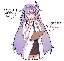 Rule 34 | 1girl, alternate costume, black skirt, circlet, clipboard, coat, commentary, cropped legs, deez nuts (meme), english commentary, english text, gem hair ornament, grey hair, highres, holding, holding clipboard, hololive, hololive english, jewel under eye, koseki bijou, lab coat, long hair, looking at viewer, meme, open clothes, open coat, pencil skirt, purple eyes, purple hair, shutowl, skirt, solo, speech bubble, standing, stethoscope, virtual youtuber, white coat