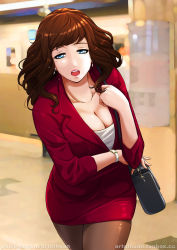 Rule 34 | 1girl, artofhuan, bag, black pantyhose, blue eyes, breasts, brown hair, cleavage, collarbone, commentary, commentary request, earrings, english commentary, handbag, highres, jewelry, large breasts, long hair, mature female, mixed-language commentary, mole, mole under eye, mole under mouth, moriya meguri (artofhuan), office lady, original, pantyhose, pencil skirt, skirt, solo, subway, subway station, sweat, sweatdrop, train, watch