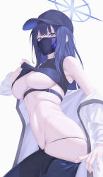 Rule 34 | 1girl, absurdres, baseball cap, black hair, black hat, black panties, black pants, black shirt, blue archive, blue eyes, breasts, clothes pull, halo, hat, highres, jacket, large breasts, looking at viewer, mask, mouth mask, navel, nmi, off shoulder, open clothes, open jacket, panties, pants, pants pull, saori (blue archive), shirt, sleeveless, sleeveless shirt, solo, underboob, underwear, white jacket