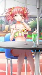 Rule 34 | 1girl, :q, breasts, brown eyes, cleavage, closed mouth, collarbone, day, doukyuusei, doukyuusei another world, drinking straw, game cg, hair between eyes, hair ribbon, holding, holding spoon, long hair, medium breasts, official art, outdoors, pink hair, pool, ribbon, sitting, smile, solo, spoon, suzuhi miho, tongue, tongue out, twintails, yellow ribbon