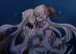 Rule 34 | 10s, 2014, 2girls, abyssal ship, aircraft carrier princess, akagi (kancolle), arm around waist, artist name, black sclera, blood, blurry, blush, breasts, brown hair, bubble, cleavage, closed mouth, colored sclera, corruption, crying, crying with eyes open, dated, depth of field, doku denpa (blue killer), dress, closed eyes, heterochromia, horns, injury, japanese clothes, kaga (kancolle), kantai collection, large breasts, long hair, looking at another, midway princess, multiple girls, pale skin, red eyes, sad, side ponytail, sinking, smile, spikes, tears, torn clothes, transformation, underwater, veins, very long hair, watermark, white hair