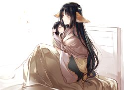 Rule 34 | 10setuka, 2girls, ainu clothes, animal ears, aquaplus, baby, bed, bed frame, bed sheet, black hair, blanket, blush, carrying, carrying person, closed mouth, eyelashes, closed eyes, family, from side, hand on another&#039;s head, holding, holding person, indoors, knees up, kuon (utawarerumono), long hair, long sleeves, mother and daughter, multiple girls, nose, aged up, utawarerumono, utawarerumono: itsuwari no kamen, very long hair, wavy hair, aged down, yuzuha (utawarerumono)