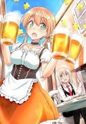 Rule 34 | alcohol, alternate costume, apron, beer, beer mug, bismarck (kancolle), black pants, blonde hair, blue eyes, blue sky, blush, breasts, buttons, chain, choker, collarbone, collared shirt, cup, day, dirndl, dress, elbow rest, frilled choker, frills, german clothes, hair between eyes, hair ornament, hair tie, holding mug, kantai collection, large breasts, long hair, looking at viewer, low twintails, mug, multiple girls, necktie, oktoberfest, open mouth, outdoors, pants, plate, prinz eugen (kancolle), raguro, red neckwear, shirt, sidelocks, sitting, sky, smile, suspenders, table, twintails, waist apron, white shirt, window