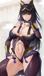 Rule 34 | 1girl, bare shoulders, breasts, cleavage, detached sleeves, female focus, fire emblem, fire emblem awakening, highres, kataku musou, large breasts, long hair, looking at viewer, matching hair/eyes, nail polish, navel, nintendo, revealing clothes, solo, tharja (fire emblem), thick thighs, thighs