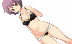 Rule 34 | 1girl, bare arms, bare shoulders, black bra, black panties, bow, bow panties, bra, breasts, brown eyes, commentary request, dutch angle, frilled panties, frills, hand up, looking at viewer, medium breasts, nagato yuki, nanabuluku, navel, panties, parted lips, purple hair, short hair, simple background, solo, standing, suzumiya haruhi no yuuutsu, underwear, underwear only, white background