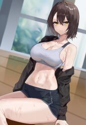 Rule 34 | 1girl, absurdres, azur lane, baltimore (azur lane), black shorts, breasts, brown hair, cleavage, commentary, crop top, dutch angle, highres, large breasts, looking at viewer, maanu, midriff, navel, short hair, short shorts, shorts, single bare shoulder, sitting, solo, sports bra, stomach, thighs, yellow eyes
