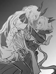 Rule 34 | 2girls, against wall, aqua eyes, arknights, ascot, dragon girl, dragon horns, dress, eblana (arknights), greyscale, hand on another&#039;s head, hand on another&#039;s thigh, highres, horns, jacket, long hair, long sleeves, medium hair, monochrome, mozi9180, multiple girls, see-through, see-through jacket, shirt, simple background, sitting, sitting on lap, sitting on person, smile, spot color, talulah (arknights), thighhighs, very long hair, yellow eyes, yuri