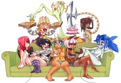 Rule 34 | 6+girls, :p, @ @, animal ears, barefoot, bell, blue eyes, blue lips, blunt bangs, blush, bob cut, bra, breasts, buttons, cake, camisole, casual, cat ears, cat tail, cerebella (skullgirls), cleavage, controller, couch, d:, dark-skinned female, dark skin, double (skullgirls), drinking, drinking straw, everyone, extra mouth, eyepatch, eyeshadow, facial mark, filia (skullgirls), food, game controller, gloves, glowing, glowing eyes, hair ornament, hair over one eye, hairpin, jingle bell, lampshade, lingerie, lipstick, living clothes, long hair, long sleeves, looking back, makeup, mask, mechanical arms, monster, mouth mask, ms. fortune (skullgirls), multiple girls, mundane utility, nail, no headwear, no pants, no shoes, open mouth, outstretched arms, painwheel (skullgirls), pajamas, pale skin, parasoul (skullgirls), peacock (skullgirls), pigeon-toed, pizza, playing games, ponytail, red eyes, rtil, samson (skullgirls), scar, see-through, sharp teeth, sitting, skullgirls, socks, surgical mask, tail, teeth, tongue, tongue out, tray, underwear, valentine (skullgirls), vice-versa (skullgirls), white gloves