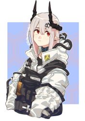 Rule 34 | 1girl, arknights, black horns, blush, closed mouth, ear piercing, grey hair, hair between eyes, hair ornament, horns, infection monitor (arknights), jumpsuit, mudrock (arknights), piercing, pointy ears, red eyes, sagamiso, simple background, solo, twitter username, white jumpsuit