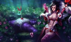 Rule 34 | 1boy, 1girl, alternate costume, alternate hairstyle, alternate skin color, archery, arrow (projectile), black hair, bow (weapon), breasts, card, colored skin, crossbow, fingerless gloves, flower, garden, glasses, gloves, heart, holding, holding card, league of legends, lipstick, makeup, midriff, mundo, navel, nipples, nude filter, purple skin, pussy, reading, short hair, standing, striped clothes, striped thighhighs, thighhighs, third-party edit, topless, uncensored, vayne (league of legends), weapon, wide hips, zettai ryouiki
