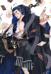 Rule 34 | 1boy, animal skull, bara, black robe, blue hair, card, commentary, dark blue hair, earrings, facial hair, foot out of frame, goatee, highres, holding, holding staff, hooded robe, itaru (kidomh63), jewelry, large pectorals, long sideburns, magatama, male focus, muscular, muscular male, necklace, open clothes, open robe, outstretched arm, parted lips, pectorals, robe, short hair, sideburns, skull necklace, smile, solo, staff, stubble, tassel, tokyo houkago summoners, tsukuyomi (housamo), white background, yellow eyes