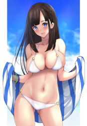 Rule 34 | 1girl, bare shoulders, bikini, black hair, blue eyes, blue sky, blush, bracelet, breasts, cleavage, cloud, collarbone, commentary request, contrapposto, cowboy shot, gluteal fold, groin, highres, jewelry, large breasts, long hair, looking at viewer, mole, mole on breast, navel, o-ring, o-ring bikini, o-ring bottom, o-ring top, open mouth, original, sidelocks, sky, smile, solo, standing, swimsuit, thighs, towel, untue, white bikini