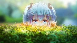Rule 34 | 1girl, ahoge, aqua hair, artist name, bad id, bad pixiv id, blue eyes, blurry, blush, depth of field, gradient background, hair ornament, hairclip, hatsune miku, holding, lens flare, magicians (zhkahogigzkh), peeking out, plant, signature, solo, twintails, vocaloid