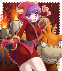 Rule 34 | 10s, 1girl, ass, black gloves, boots, bracelet, breasts, camerupt, courtney (pokemon), courtney (pokemon oras), creatures (company), eruption, fake horns, fighting stance, game freak, gen 3 pokemon, gloves, grin, heart, high heels, hip focus, hood, hoodie, horned headwear, horns, jacket, jewelry, light, looking at viewer, medium breasts, nintendo, open mouth, pokemoa, pokemon, pokemon (creature), pokemon oras, purple eyes, purple hair, ribbed sweater, short hair, skirt, smile, solo, sweater, team magma, uniform
