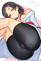 Rule 34 | 1girl, ass, bare shoulders, bike shorts, black hair, black shorts, blue robe, blush, breasts, cameltoe, collarbone, commentary request, feet out of frame, forehead, gradient hair, hair ornament, hairclip, highres, kantai collection, kuroshio (kancolle), kuroshio kai ni (kancolle), long sleeves, looking at viewer, multicolored hair, nipples, off shoulder, panties, pantylines, pink background, red hair, red sash, robe, sash, short hair, short shorts, shorts, small breasts, solo, taketora suzume, thighs, translation request, two-tone background, underwear, white background, yellow eyes