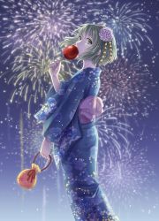 Rule 34 | 1girl, bag, candy apple, covering own mouth, elsa (g557744), fingernails, fireworks, floral print, flower, food, from side, gradient background, green eyes, green hair, green nails, gumi, hair flower, hair ornament, handbag, highres, holding, holding bag, holding food, japanese clothes, kimono, looking at viewer, looking back, matching hair/eyes, nail polish, night, obi, sash, short hair, sky, solo, standing, star (sky), starry sky, vocaloid, yukata