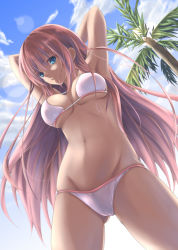 Rule 34 | 1girl, armpits, arms up, bikini, bit (artist), bit (keikou syrup), blue eyes, cameltoe, dutch angle, long hair, looking at viewer, megurine luka, navel, pink hair, smile, solo, swimsuit, vocaloid